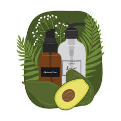 Composition with organic cosmetic products in bottles for skin care with abstract shape and greenery, avocado. Cleanser, serum, cream product. Hand draw vector illustration