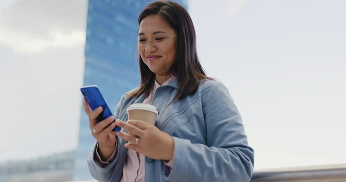 Woman, takeaway coffee or phone in city on social media app, internet news or travel schedule in Singapore location. Happy smile, urban tourist or mobile communication technology with tea cup