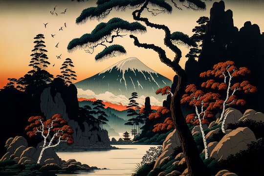 Old japanese illustration drawing. Ukiyo-e traditionnal painting. Nature landscape on vintage paper. Historical retro style. Mount fuji with japanese temples and trees. Beautiful oriental ukiyoe art.