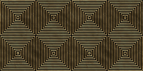 Seamless golden Art Deco optical illusion striped squares line pattern. Vintage 1920 abstract geometric gold plated relief on black background. Modern elegant metallic luxury backdrop. 3D rendering.