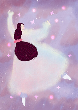 Dreaming sleeping woman with a night gown floating in purple space  illustration
