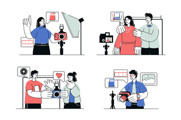 Photo studio concept set in flat line design. Men and women work as photographers and make professional photography, models pose for photo shoot. Illustration with outline people scene for web