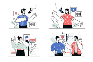 Podcast streaming concept set in flat line design. Men and women recording audio program with mic, making radio show, interview talk broadcast. Illustration with outline people scene for web