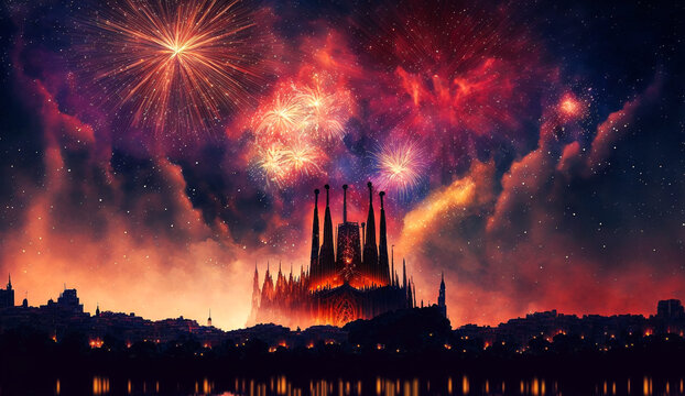 Abstract painting concept. Colorful art of La Sagrada Familia in Barcelona with fireworks. Generative AI.