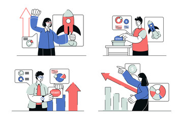 Business startup concept set in flat line design. Men and women analyze financial data, research market, invest money, launch and develop company. Illustration with outline people scene for web