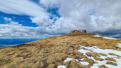 Scenic view of snow covered alpine meadow on hiking trail between Gertrusk and Ladinger Spitz,...