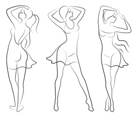 Collection. Girl silhouettes in modern single line style. Women's line art continuous line drawing, decor aesthetic outline, posters, wall art, stickers, logo. Vector illustration set.