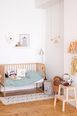 children room Scandinavian interior white walls with toys and carpet, mock up cover	
