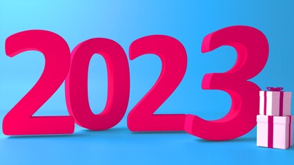 Word 2023 on green background. Happy New Year concept. 2023 3d text. 3d rendering. 