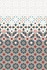 Tile repeating vector border. Geometric halftone pattern with colorful decay arabesques in orange, gray, and green