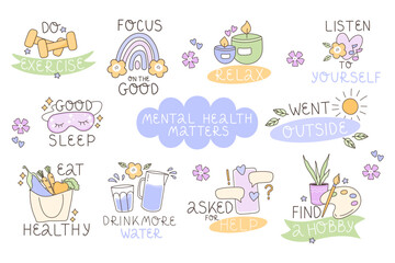 The concept of mental health and psychology. Daily routine, fresh food, hobbies, fitness, relaxation, sleep, plenty of water. Set of vector illustrations isolated on white background.