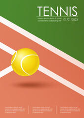 Tennis championship and tournament poster. Illustration for sports competition, lawn tennis championship. Ball on line. Tennis court and ball. Sports equipment. Vertical illustration for card, cover