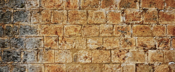 Rusty Brick Wall Grunge Stonelaying Construction Textured Outdoor Background Backdrop Toned Horizontal Photo