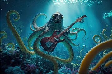 octopus playing guitar music illustration generative ai