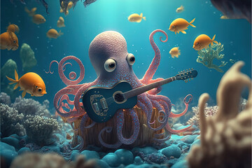 octopus playing guitar music illustration generative ai