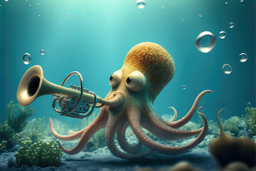 octopus playing trumpet music illustration generative ai