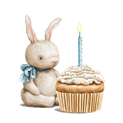 Watercolor vintage cute plush rabbit toy and birthday muffin cake with candle isolated on white background. Hand drawn illustration sketch