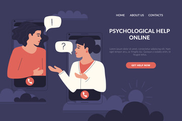 The concept of online psychotherapy. A psychologist helps to find answers to questions and unravel tangled thoughts. The illustration is suitable for landing page, banner, flyer, website. Vector.