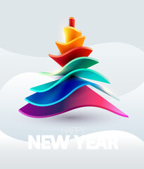 Abstract colorful Christmas tree of wavy geometric shapes. New year greeting card design.