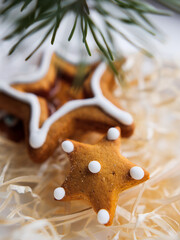 Christmas gingerbread cookies in the shape of a star lie in a white box next to a pine branch. Christmas cookies with frosting. gingerbread lies on a white table.
