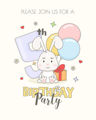 Colorful 5th birthday invitation card template with cute bunny, gift box and balloons.