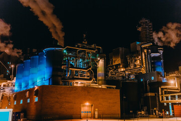 Night photograph of the largest paper production industry in Scandinavia