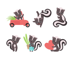 Cute Skunk Animal Character Engaged in Different Activity Vector Set