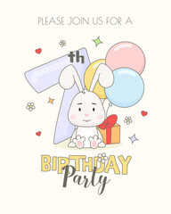 Colorful 7th birthday invitation card template with cute bunny, gift box and balloons.