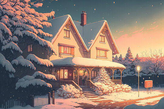 Cozy winter home drawing. Cartoon holiday painting of a beautiful relaxing home burried in snow. Warm interior with a fireplace. Scandinavian christmas. Magic house. Postcard by the window.anime manga