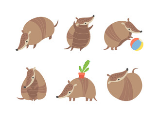 Cute Armadillo Character with Armor Shell Engaged in Different Activity Vector Set