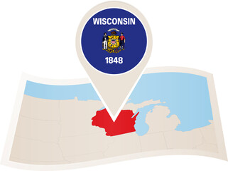 Folded paper map of Wisconsin U.S. State with flag pin of Wisconsin.