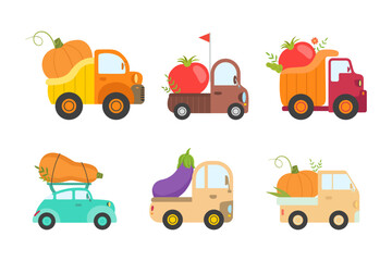 Fototapeta na wymiar Cute Trucks and Cars Delivering Fresh Vegetables from Garden Vector Set