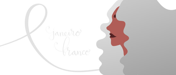 White January in portuguese Janeiro Branco, Brazil campaign for mental health awareness banner. Handwritten calligraphy lettering, latina adult woman vector