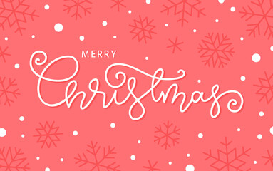 Merry Christmas Happy New Year greeting card. Xmas pink background with linear lettering typography, gold snowflakes confetti beads. Wishing handwritten postcard banner, festive bright holiday poster