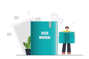 A person, man reading user manual book, guide instruction or textbooks, specifications user guidance document, flat vector illustration