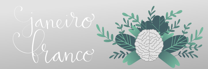 White January in portuguese Janeiro Branco, Brazil campaign for mental health awareness banner. Handwritten calligraphy lettering, brain, plant leaf and branch vector