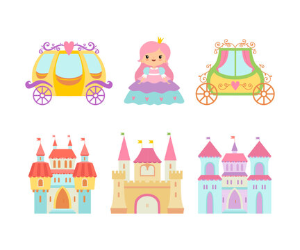 Royal Princess in Pretty Dress and Carriage with Castle Vector Set