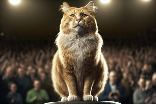 The Furry Champion: A Documentary Portrait Of A Triumphant Cat Standing On A Podium Surrounded By Adoring Fans