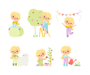 Little Blond Girl in Jumpsuit at Farm Working in the Garden Vector Set