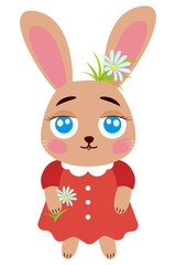 Cute rabbit in a summer dress with a flower in her hand