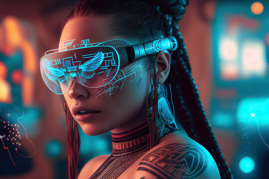 Indigenous Tattooed Woman Using Augmented Reality AR Glasses. Generative AI.