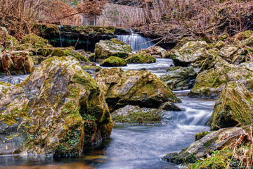 Mountain stream by a hiking trail at Short Springs Natural Area. Bobo creek in Coffee County Tullahoma Tennessee USA.