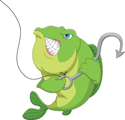 cartoon angry fish with fishing hook
