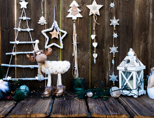 christmas decorations on wooden table