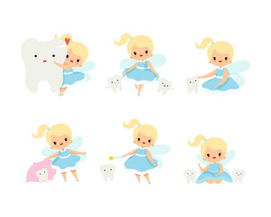 Cute Little Tooth Fairy with Blond Hair and Ponytail with First Baby Tooth Vector Set