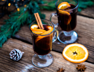 mulled wine Christmas drink  on wooden table