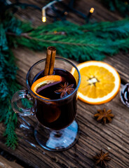 mulled wine Christmas drink  on wooden table