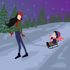 Vector flat illustration mom sledging son in snowy park