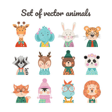 Vector set of animals in a flat style. Giraffe, elephant, raccoon, bear, panda, hare, lion, cheetah, hippo, fox, elephant, deer in flat style. Illustrations of baby animals