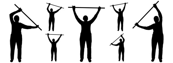 An older woman performs physical exercises with a stick in her hands. Sports for pensioners. A set of characters for motion animation. Front view, full face. Seven black silhouettes isolated on white